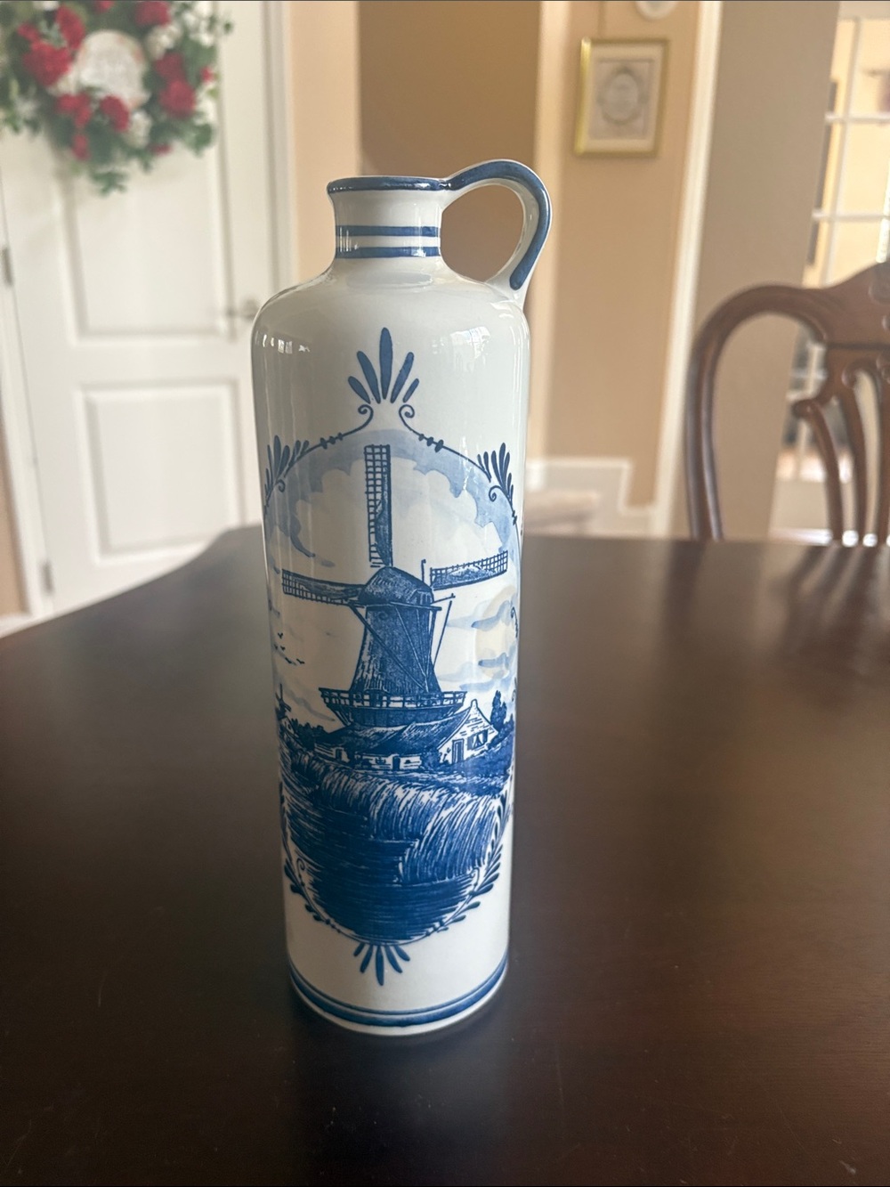 VTG 1972 Blue and White Delft-Style Ceramic Pitcher Vase made in Holland